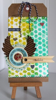 Hello Tag by Ronda Palazzari using Jillibean Soup&#39;s Grandma&#39;s Lima Bean Soup Stickers and Pea Pod Parts, Wood Flag, Kraft Tag, Wood Flower Cool Beans, Unity/Jillibean Soup Hexie Stamps, and Ba…