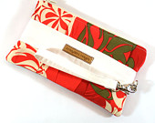 Gathered Zippered Clutch - Red Hawaiian Flowers - Made to Order