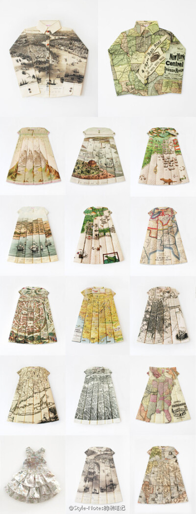 Elisabeth Lecourt 名为“Les Robes Géographiques”的手折衣裳，由一张张古地图，如耶路撒冷，都柏林，康涅狄格，旧金山，伦敦，纽约等地的折叠而成。