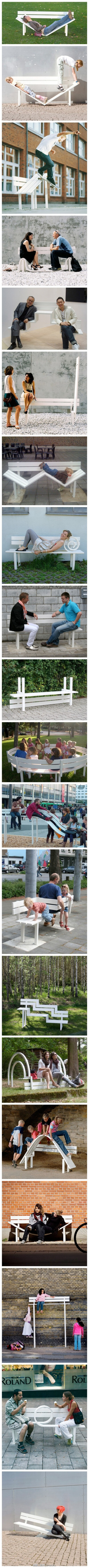 改变公共长凳，让聊天更有趣。来自丹麦艺术家Jeppe Hein。
