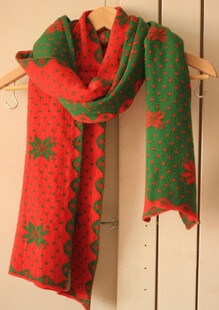 红绿雪花纹路森林系女士 毛线针织 围巾 围脖