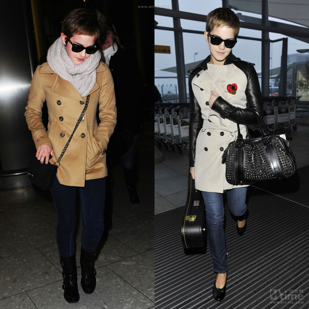 艾玛·沃森 Emma Watson 麂皮和拼接袖两件风衣都很有特点，短发的爱玛也穿得很有气场，即便是在机场，还戴着墨镜，也明星范儿满满！