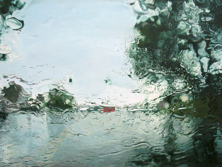 当代画家Gregory Thielker的超级写实主义油画Under the Unminding Sky 《天空之下，漫无经心》，描绘了一系列车窗雨景。开着车，关闭刮雨器，穿越无数场暴雨，咔嚓咔嚓按下照相机快门。这些油画就是他根据他所拍下的照片而画的。