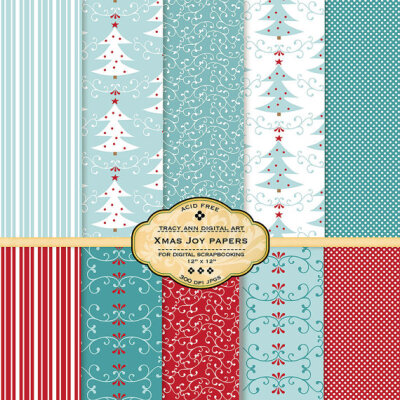 Xmas Joy Digital Scrapbook Papers Printable for card making, scrapbooking