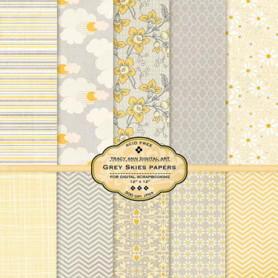 Yellow and Grey Skies Digital Papers Scrapbook Printable Lemon and Gray Floral