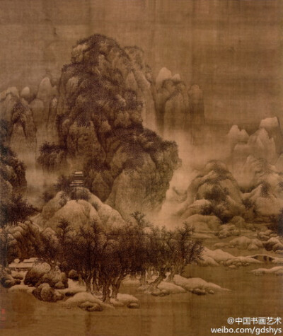 北宋 范宽《雪景寒林图》--- 此画画面群峰嵯峨起伏，气势壮阔而又富于变化，用笔强健，屋宇用铁线描，行笔坚硬，人物也生动有致。清代安岐评价此图为：“宋画中当为天上神品”，天津博物馆镇馆之宝。