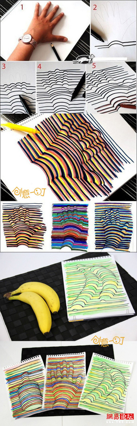 教你轻松画3D！没有功底也可画3D绘画,3D简易画！1、把物体平放纸面勾画轮廓。2、画直线，遇到先前勾画的物体轮廓时画向上的弧线。3、换彩色笔，在线下重复上一步骤，4、重复第3步。然后3D画就出现了！看视频学更快：http://www.jifenzhong.com/video/27949-How-To-Draw-Dimensional-Painting