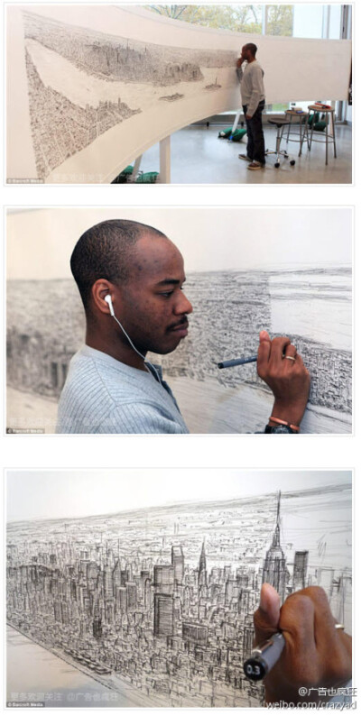 英国伦敦的Stephen Wiltshire 凭记忆画出的纽约市全貌，Stephen很小就患上了自闭症，但他有“过目不忘”的本事，可以凭记忆画出许多城市的全貌，他乘坐直升机游览了纽约市只用了20分钟，却完全凭记忆画出了纽约市全…