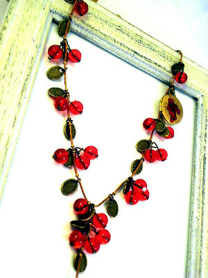 REDCURRANTS - Beaded Long Necklace With Red Glass Pearls, Bronze Leaves and berry locket