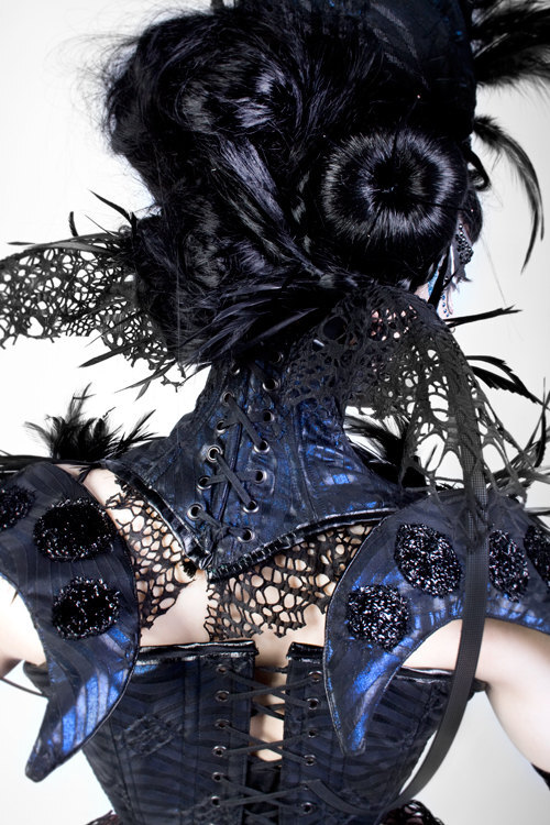 Black feather, Steel Boned, &#39;Lizard Skin&#39;, Neck Corset with Blue/Black fabric