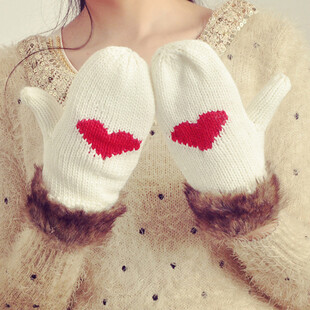 超美百搭爱心连指秋冬 可爱冬季保暖加厚毛线手套
