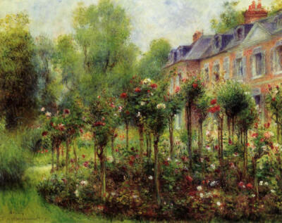 朦胧派画风，一幅名为The Rose Garden at Wargemont的画作 - 来自画家Pierre-Auguste Renoir - 绘于1879