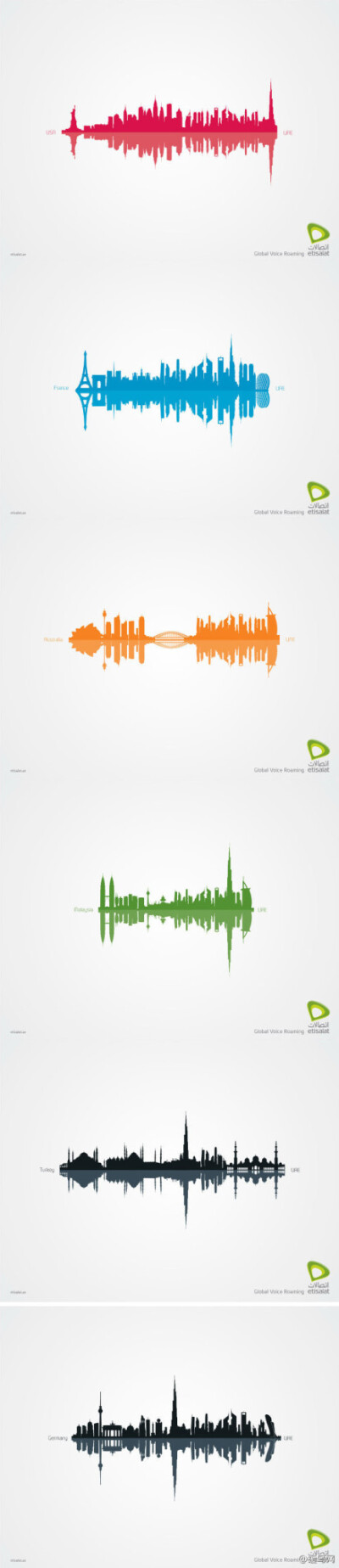 #暖设计#阿联酋电信公司广告“全球语音漫游”，阿联酋电信公司的信号遍布全球！不知道这些地标建筑您认出来了多少呢？
