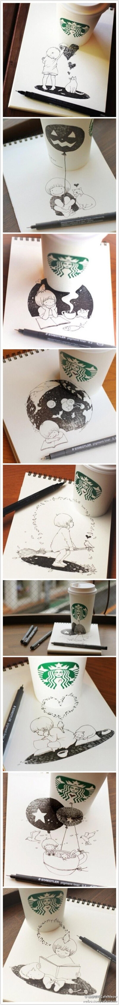 CafeMeow【猫插画】用星巴克杯画画~来自日本的Tomoko Shintani将喝完的咖啡纸杯与纸张结合在一起绘出互动的可爱插画，坐在咖啡店也不用那么的放空，随手拿起笔，也可以娱乐一番~