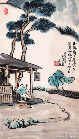 【 丰子恺 《胡琴一曲代RADIO》 】立轴，纸本设色，62×35cm。 款识：“山路寂，顾客少，胡琴一曲代Radio。” 画山路旁的一家乡间小茶店，雨天顾客少，店主茶博士正坐在店门口拉胡琴。此画是当年丰子恺带着两个女儿在西湖山中游玩，不巧突然遇雨，便匆忙进入这家小茶店避雨，归来后作了这幅画。