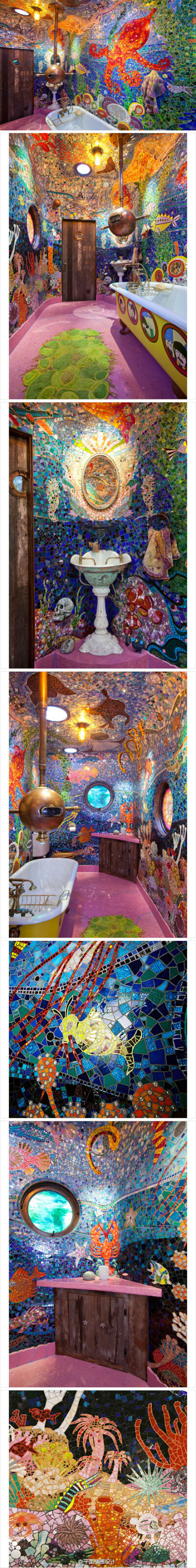 位于巴西的“Gaudi’s Beach House”高迪海滨别墅，由一群自由的疯狂的艺术家自由发挥创作。五彩马赛克将每个浴室装饰成一副副梦幻的蓝色海底世界，蓝色让人安静，海底世界让人迷幻，沐浴其中，如沐清爽海风，舒畅。…