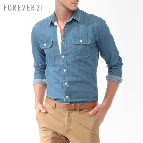 FOREVER21 秋装新款男装 MEN长袖修身男士牛仔衬衫