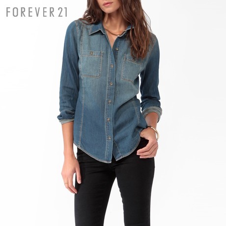 FOREVER21 磨白全棉牛仔长袖衬衫