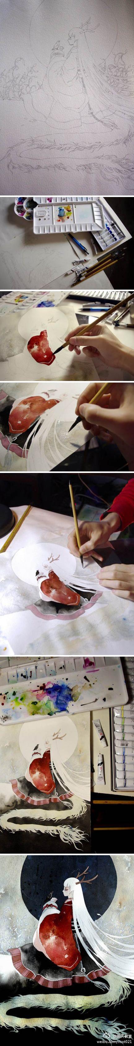 广州mario的水彩作品《龙女》的绘画过程