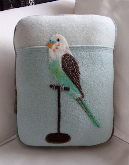 Needle Felted Budgie Pillow made from Recycled Sweater Fabric by Val&#39;s Art Studio