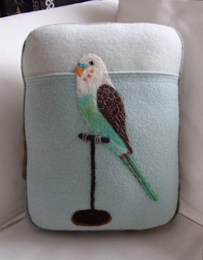 Needle Felted Budgie Pillow made from Recycled Sweater Fabric by Val&#39;s Art Studio