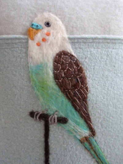 Needle Felted Budgie Pillow made from Recycled Sweater Fabric by Val&#39;s Art Studio