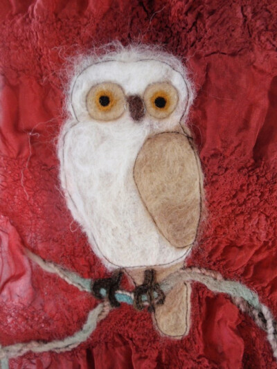 Silk Scarf - Owl on a Limb - Beautiful Needle Felted Handpainted and Stitched Scarf by Val&#39;s Art Studio