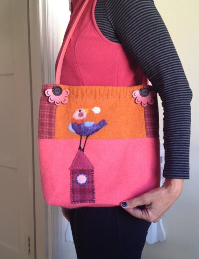 ChATtY Cathy Bird on Birdhouse Handbag Made From Refashioned Wool Sweaters by Val&#39;s Art Studio