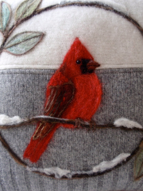 Needle Felted Red Cardinal Pillow made from Recycled Sweater Fabric by Val&#39;s Art Studio