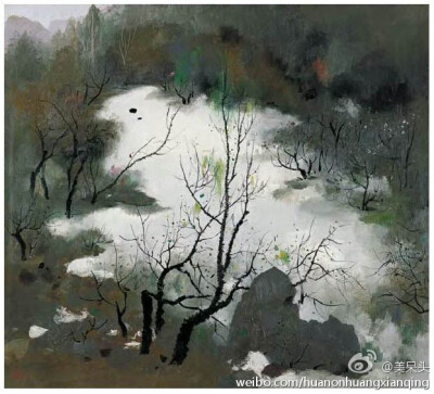 吴冠中（1919~2010），他擅长表现江南水乡等景色，如初春的新绿、薄薄的雾霭、水边村舍、黑瓦白墙，和谐、清新的色调，宁静、淡美的境界，使画面产生一种抒情诗般的感染力。