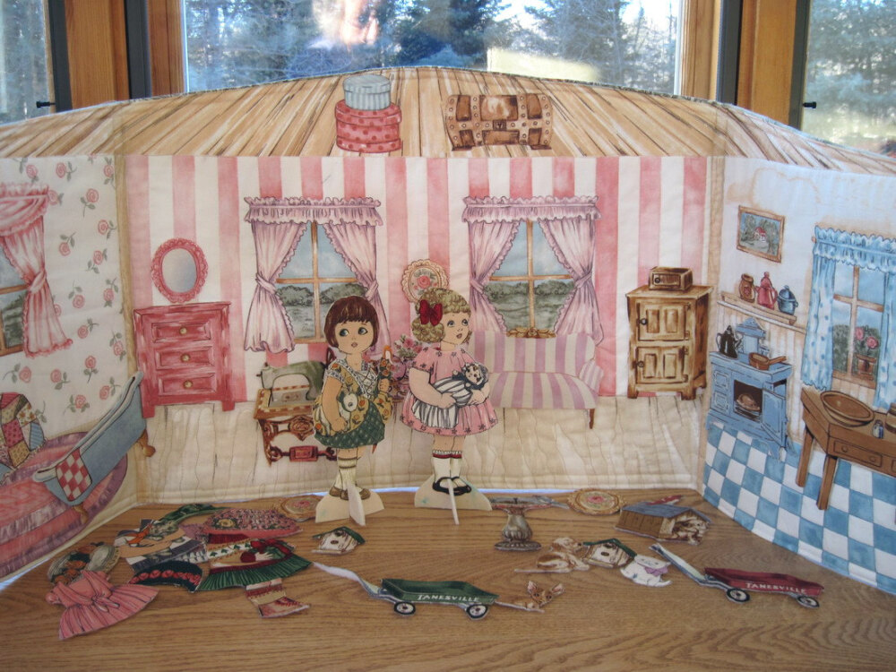 Fabric Paper dolls have a House playset with furniture, toys, dolls and clothes. Kids Christmas