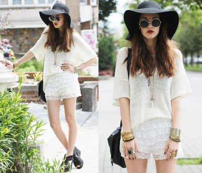 Http://Www.Oasap.Com/Shorts/3999 Elegant Eight Layer Lace Embellished Shorts.Html Lace/Ruffle Shorts, H&M Loose Sweater, H&M Sandal Wedges, Asos Floppy 70's Felt Hat