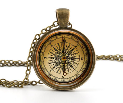 Vintage Compass Pendant - Necklace - Antique Style Compass Art and Gift Bag - Picture Jewelry