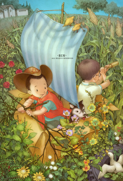 《《童年时光》系列 —— 草地上的船》中国重庆插画师bin lee的作品