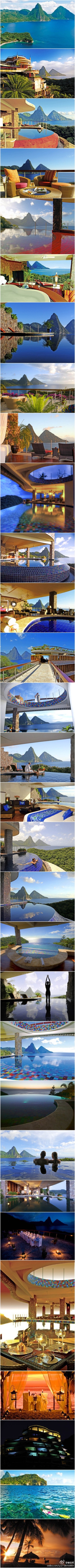 圣卢西亚玉山度假村JADE MOUNTAIN ST.LUCIA，东加le比海向风群岛中部的浪漫圣地，600英亩的私人海滩上方，有一处名叫玉山（Jade Mountain）的顶级奢华度假村，是唯一能欣赏到皮通山Piti和Gros双峰山的度假别墅。