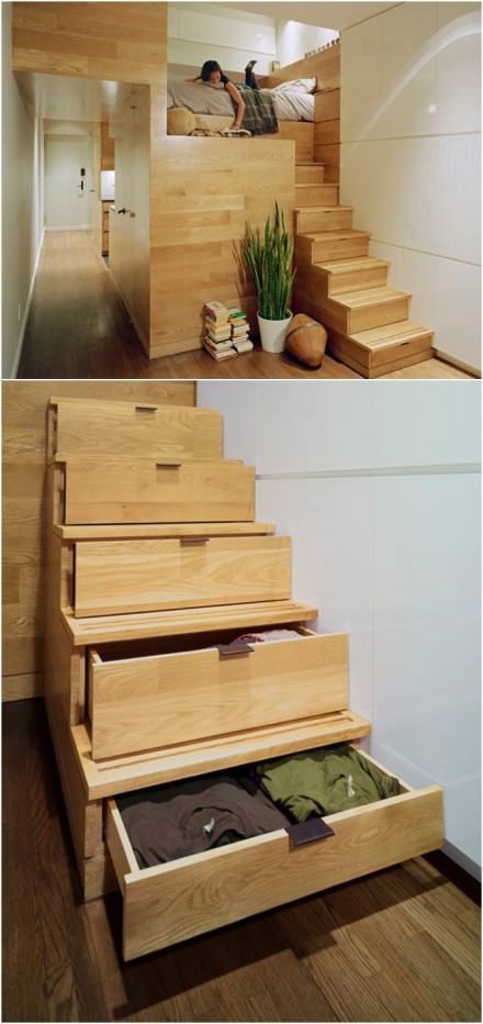 『室内设计』一个节省房屋空间的想法，将储物抽屉与越层楼梯相结合。来自 East Village设计工作室的设计。