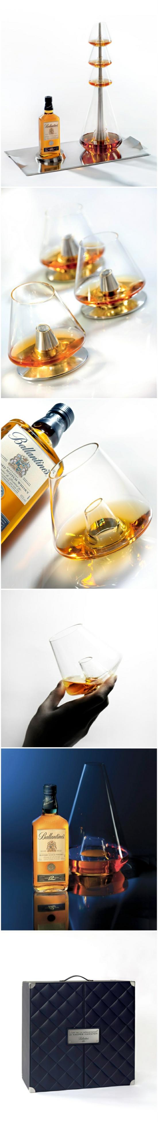 奢侈品设计师Kacper Hamilton为Pernod Ricard设计了一套名为“品尝的艺术（L’Art de la Degustation）” 的威士忌酒杯套装，对品味威士忌的过程进行了重新探讨。这套酒杯装在一个皮箱里面，里面包括三个酒杯，三个带有立柱的金属底座，一个托盘，一个酒壶，和一瓶12年陈酿百龄坛，酒杯和酒壶中间都有一个圆洞，正好可以套在金属底座上，圆洞的目的是让更多空气流进杯子，从而产生更浓的酒香，另外还可以让用户更好地观察杯中酒。