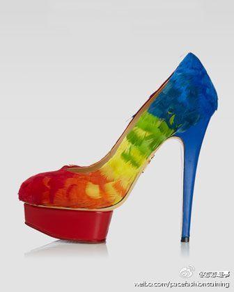 Charlotte Olympia ‘Dolly’ rainbow feathered pump