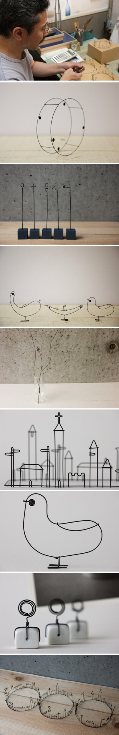 艺术家Masao Seki用不起眼的细铁丝制作的微型雕塑Wire Works，并且丝毫看不出来铁丝原本的冰冷与硬朗。在MASAO SEKI的眼里坚硬可这样被柔美取代，冰冷可如此被安静替换。铁丝可以创造温柔而细腻的世界开出幸福的花。
