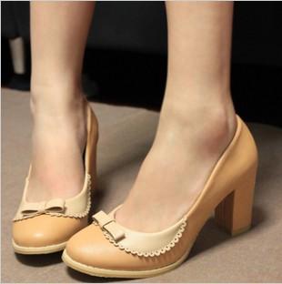 优雅少女风 森系雕花学院派 小清新拼色英伦复古小蝴蝶结小高跟鞋