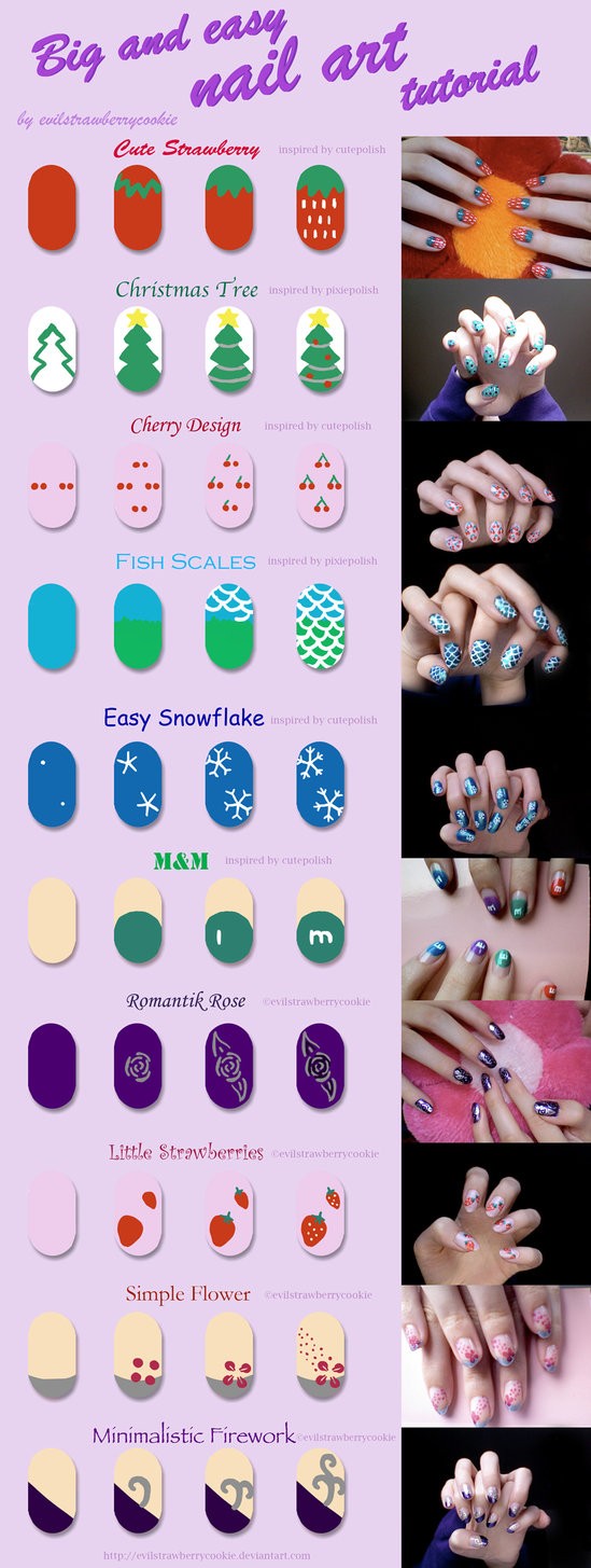 Tutorial of a bunch of simple nail art designs by evilstrawberrycookie from DeviantArt - Big Strawberry, Christmas Tree, Cherries (Cherry), Fish Scales, m, Romantik Rose, Small Strawberry (strawberries), Simple Flower, Minimalistic Firework