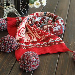 民族风可爱圣诞双面提花毛线球球双层针织围巾