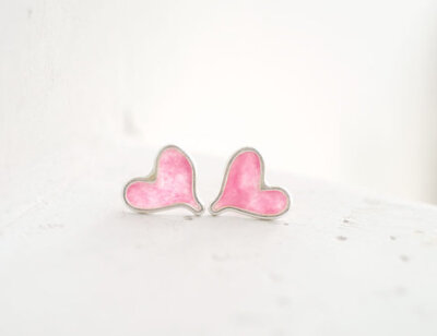 Blush Pink Heart Stud Post Earrings, Sterling Silver Valentine&#39;s Day Jewelry...