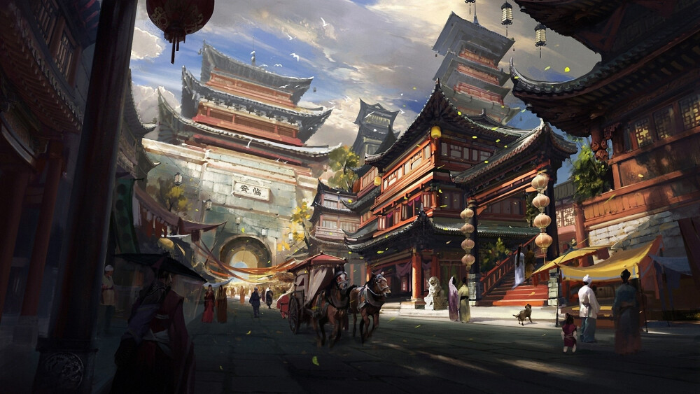 paintings clouds dark China animals leaves houses people Festival horses digital art artwork cities skies birds / 1920x1080 Wallpaper