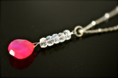 Hot Pink Chalcedony Faceted Heart Briolette &amp; faceted Rainbow Moonstone Rondelles Sterling Silver Necklace