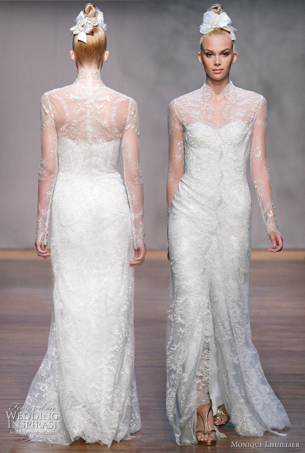 Monique Lhuillier Fall 2011 wedding dress: Cheyenne - ivory/gold metallic chantilly lace strapless corset bodice sheath gown, worn with ivory/gold metallic chantilly lace long sleeve coat ala kebaya