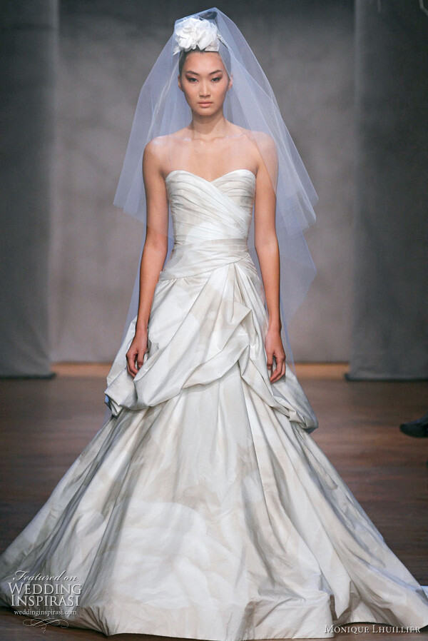 Monique Lhuillier Fall 2011 wedding gown: Primrose - ivory floral print techno taffeta strapless sweetheart asymmetric draped drop waist gown with hand tufted skirt