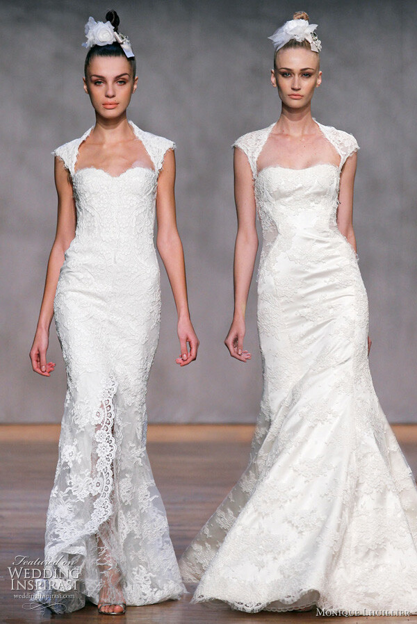 Monique Lhuillier Fall 2011 wedding gowns : Amaranth - ivory re-embroidered lace portrait neckline elongated corset bodice gown with modified split petal-trumpet skirt; Desire - ivory re-embroidered lace portrait neckline bodice gown with illusion inset sides and modified trumpet skirt