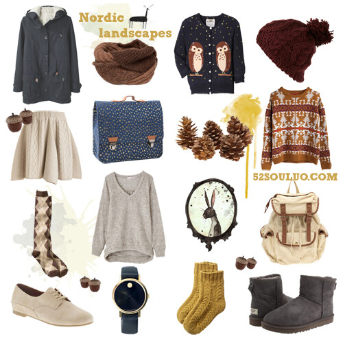 从左至右：蓝色外套：lagarconne    棕色围巾：intermixonline    猫头鹰毛衣：mirabella    红色针织帽：topshop    白色针织裙：Opening Ceremony    星格图案包：littlefashiongallery    图案毛衣：weekday    格纹袜：gap    灰色毛衣：eruca    双肩背包：urbanoutfitters    平底鞋：piperlime    手表：americanapp…