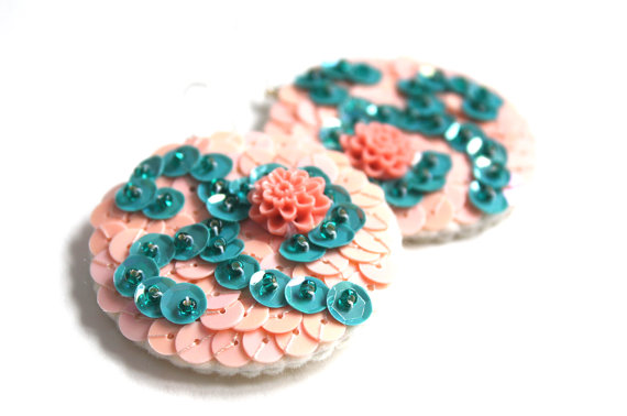 Earrings Teal Pale Peach sequins